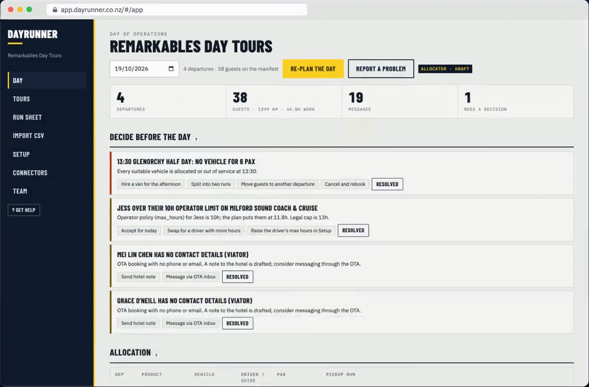DayRunner Day page showing tomorrow's summary and the Decide before the day list, each problem with option buttons.
