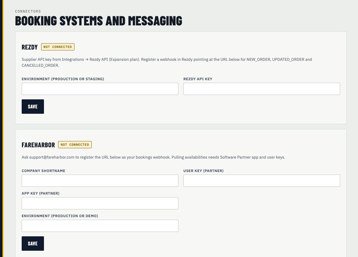The Connectors page in DayRunner, with Rezdy, FareHarbor and Rental Car Manager, each showing whether it is connected.