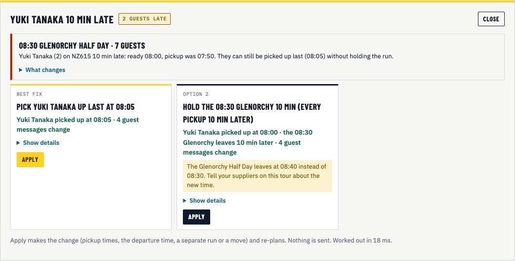 A guest 10 minutes late for the 08:30 Glenorchy Half Day. Best fix is to pick them up last at 08:05. Option 2 holds the run 10 minutes.