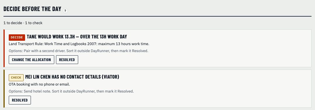 Decide before the day showing a driver who would work over the 13-hour work day, with the rule and options to swap or pair drivers.